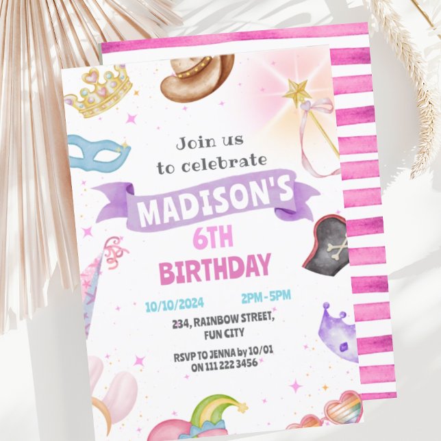 Invitation Fête du costume Enfants Rose Fille Anniversaire (Costume Party Kids Dress Up Birthday Invitation)