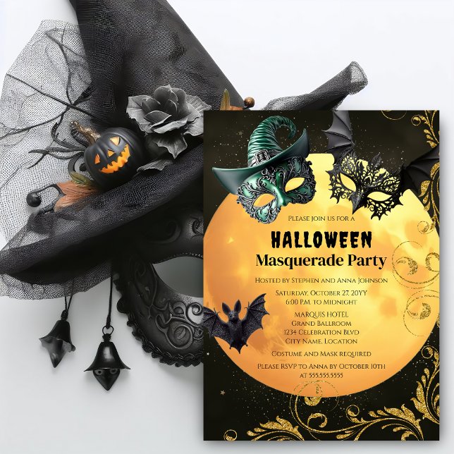 Invitation Fête du costume mascarade d'Halloween (Full moon, bats, and Halloween masquerade costume party invitation front.)