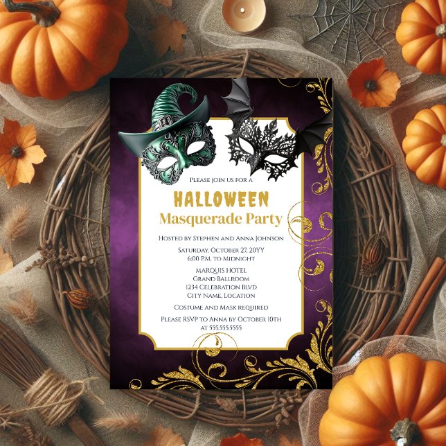 Invitation Fête du costume mascarade d'Halloween (Halloween masquerade party invitation front.)