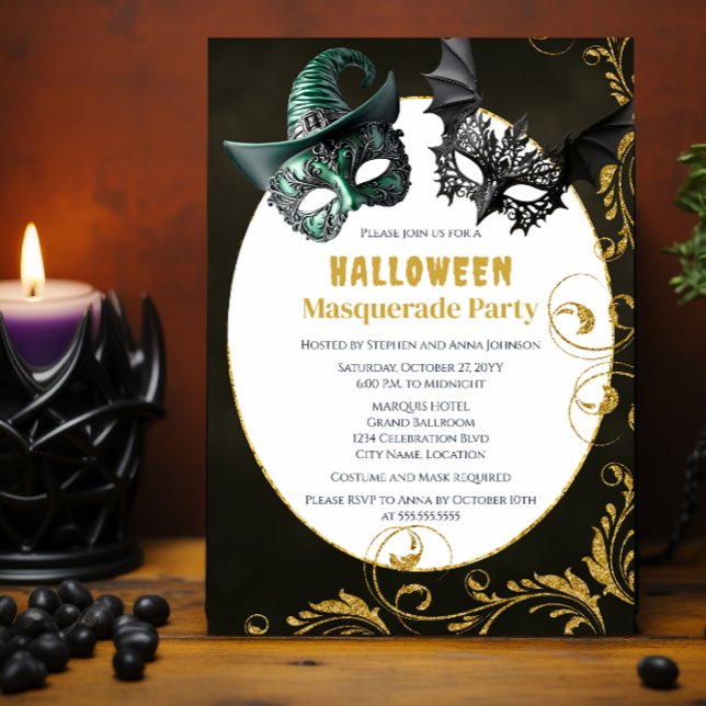 Invitation Fête du costume mascarade d'Halloween (Halloween masquerade costume party invitation front.)