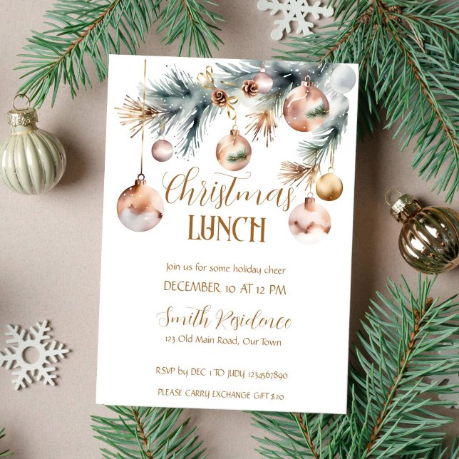 Invitation Fête du déjeuner de Noël aquarelle de boho de neig (Christmas lunch party snowy boho watercolor invitation template instant download rose gold baubles)