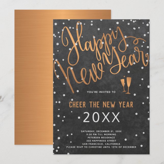 Invitation Fête du Jour de l'An du Chalkboard de cuivre (Devant / Derrière)