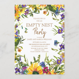 Invitation Fête du nid vide aux fleurs jaunes bleues et viole