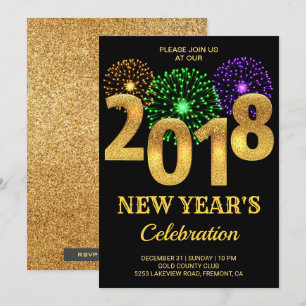 Invitation Fête du Nouvel An 2018 Feux d'Artifice Or Elégant