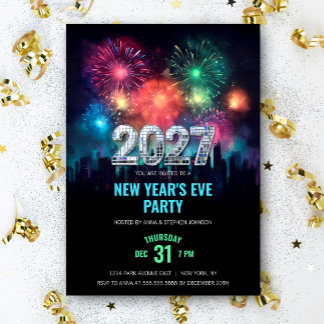 Invitation Fête du Nouvel An 2027 Élégante avec Feux d'Artifi