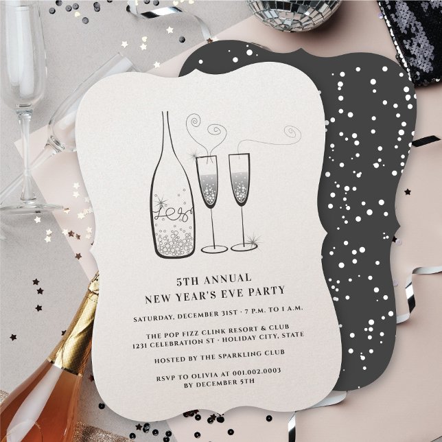 Invitation Fête du Nouvel An annuel du Champagne d'argent (Silver Champagne Cheers Annual New Year Eve Party Invitation @ fat_fa_tin)