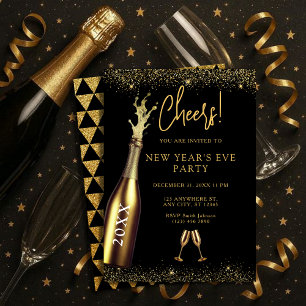 Invitation Fête du Nouvel An avec bouteille de champagne doré