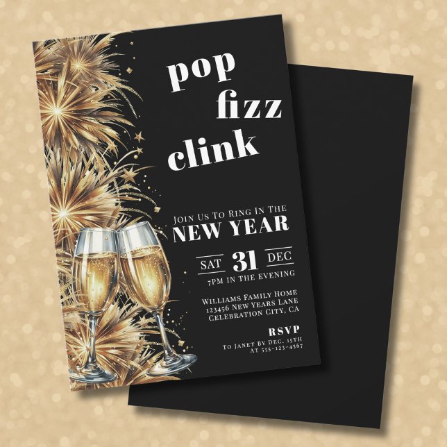 Invitation Fête du Nouvel An Black Gold Champagne Pop (Black Gold Champagne Pop New Year's Eve Party Invitation)