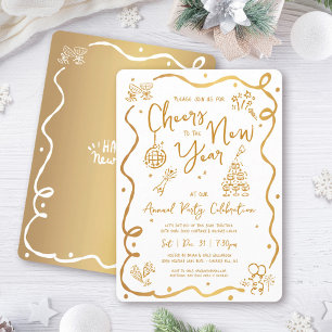 Invitation Fête du Nouvel An Blanc Or Esquisse Dessinée à la