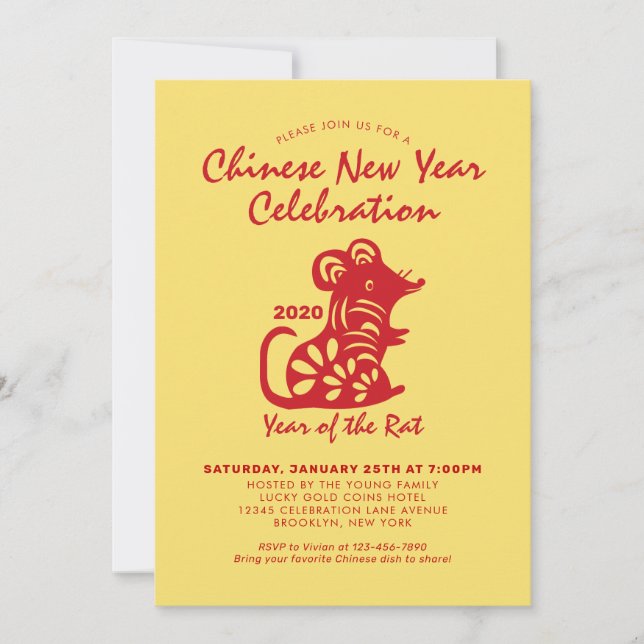 Invitation Fête du Nouvel An chinois simple Rat Rouge 2020 (Devant)