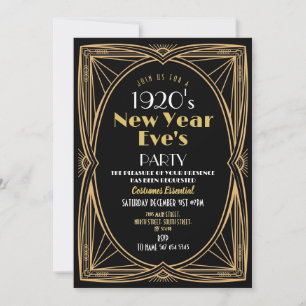 Invitation Fête du Nouvel An des années 1920 Art Déco Noir Or