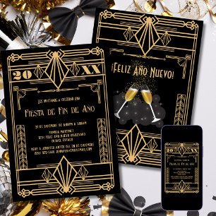 Invitation Fête du Nouvel An espagnole Art Déco en or des ann