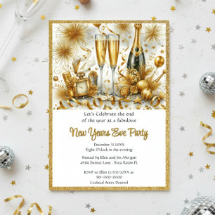 Invitation Fête du Nouvel An Glamour Or sur Fond Blanc