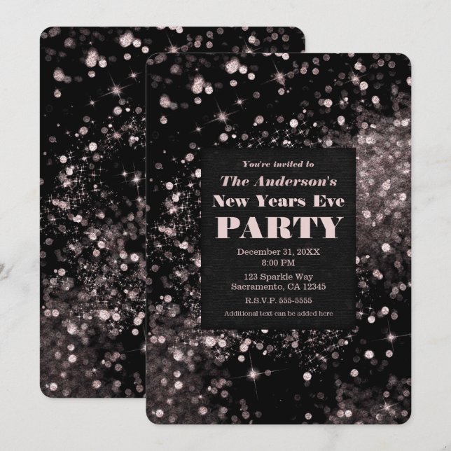 Invitation Fête du Nouvel An lumières scintillantes Black & P (Devant / Derrière)