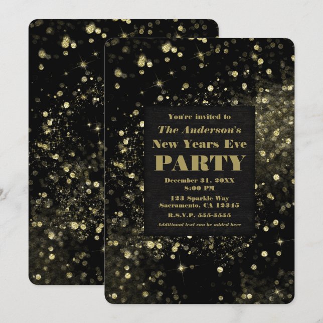 Invitation Fête du Nouvel An lumières scintillantes Noir & Or (Devant / Derrière)