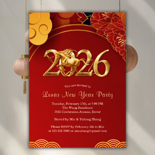 Invitation Fête du Nouvel An Lunaire Chinois du Cheval Red Go