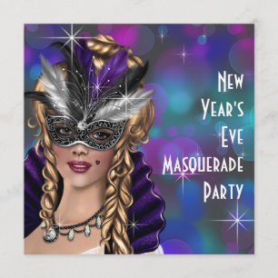 Invitation Fête du Nouvel An masquée Violet Turquoise