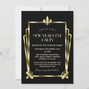 Invitation Fête du Nouvel An Royal Gold Black Art Déco