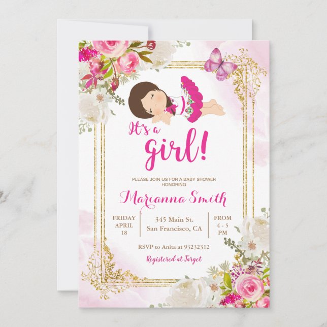 Invitation Fête du Papillon Fleurs Roses Mexicaines Baby Show (Devant)