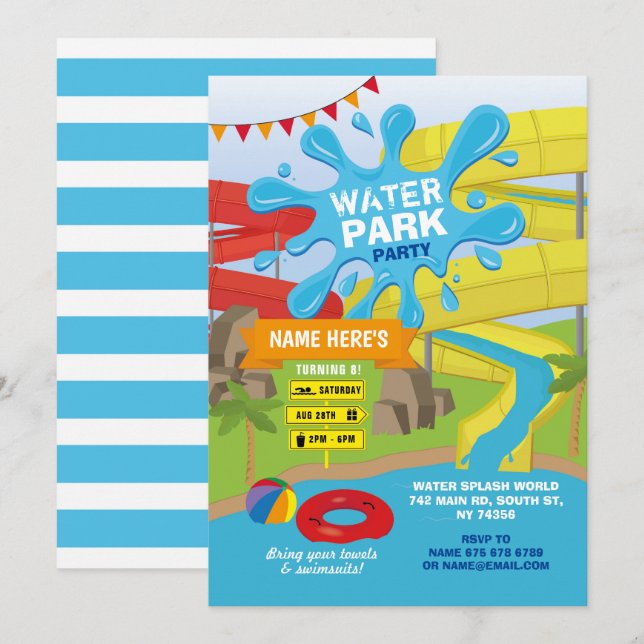 Invitation Fête du parc aquatique Anniversaire Diapositives (Devant / Derrière)