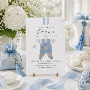 Invitation Fête du premier anniversaire Blue Boy Hanbok Dolja