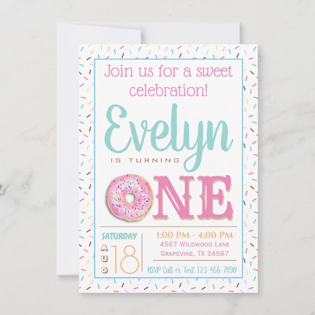 Invitation Fête du premier anniversaire de Donut rose (Devant)