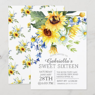 Invitation Fête du Sweet sixteen des tournesols jaunes gais