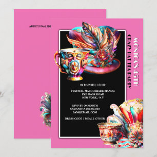 Invitation fête du thé casquette fête mascarade plumes rose
