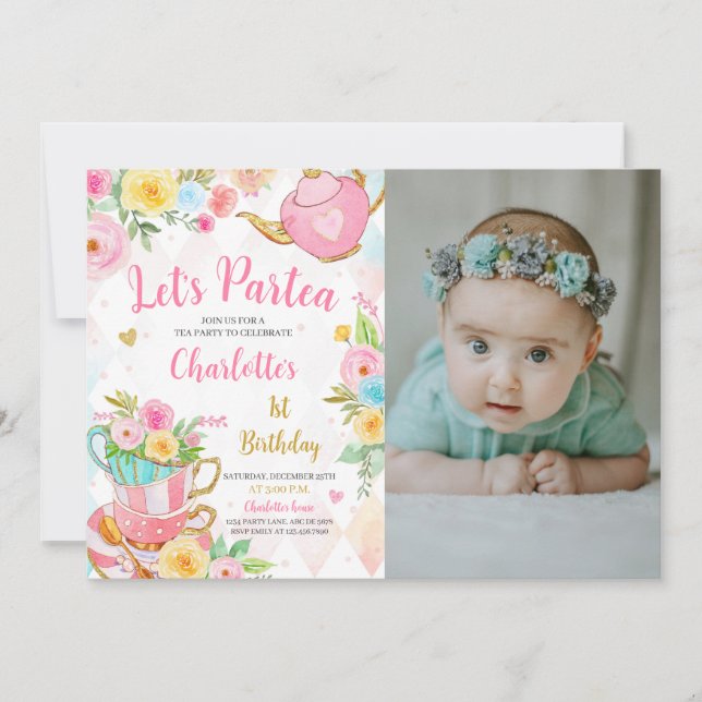Invitation Fête du thé floral photo d'anniversaire (Devant)