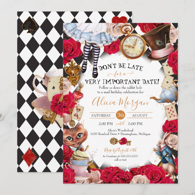 Invitation Fête du thé/pays des merveilles Anniversaire ou Ba (Devant / Derrière)