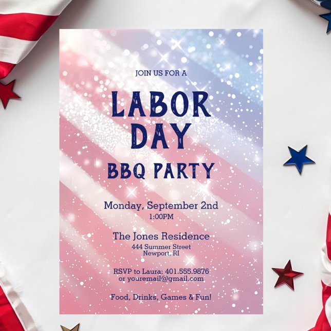 Invitation Fête du Travail BBQ Party Rouge Blanc Bleu Patriot (Labor Day BBQ Party Invitation - Patriotic Summer Cookout in Glitter Red, White & Blue)