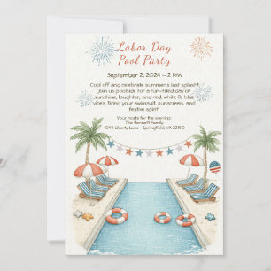Invitation Fête du Travail Pool Party Red White and Blue Invi