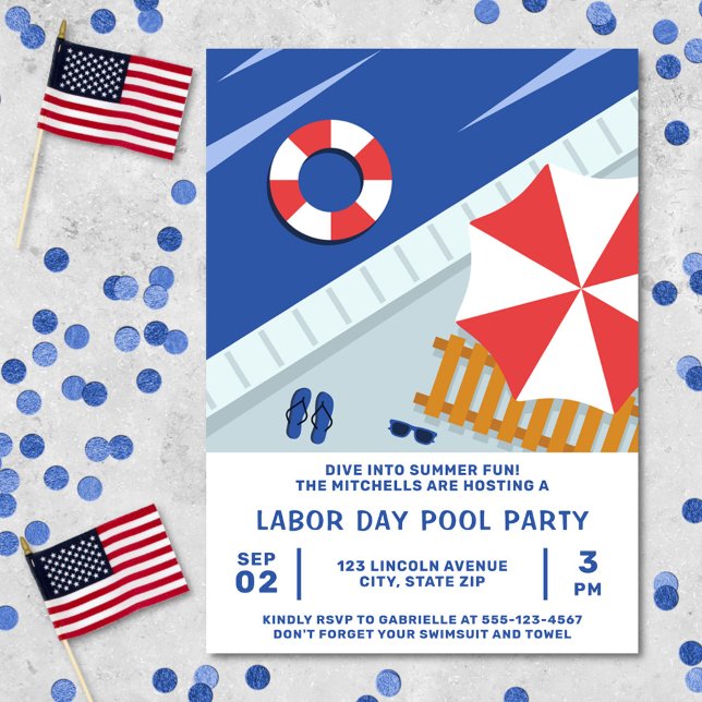 Invitation Fête du Travail Pool Party Rouge Blanc & Bleu (Labor day pool party invitation)