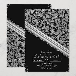 Invitation Fête élégante argent et noir, Glamour pour Sweet 1