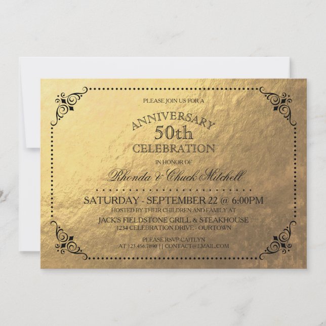 Invitation Fête élégante d'anniversaire de mariage en or (Devant)