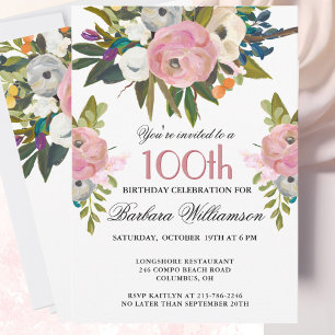 Invitation Fête élégante de 100e anniversaire avec fleurs pei