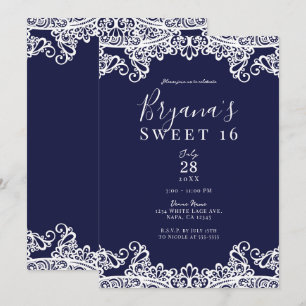 Invitation Fête élégante de 16 ans en bleu marine et dentelle