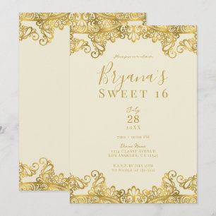 Invitation Fête élégante de 16 ans Ivory Cream & Gold Lace 