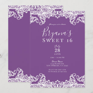 Invitation Fête élégante de 16 ans Purple & White Lace