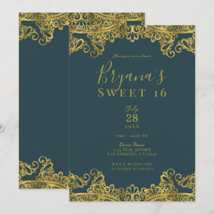 Invitation Fête élégante de 16 ans Teal foncé et dentelle dor