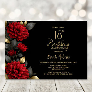 Invitation Fête élégante de 18 ans Fleurs rouges sur fond noi
