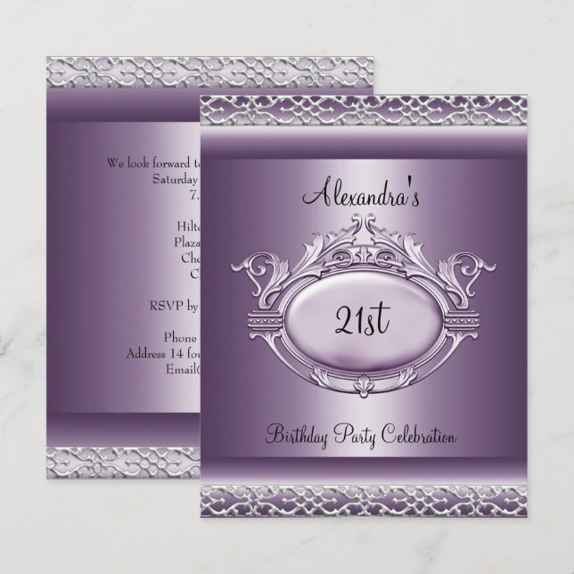 Invitation Fête élégante de 21e anniversaire Satin Mauve Viol (Devant / Derrière)