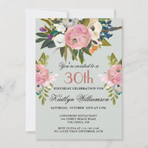 Invitation Fête élégante de 30 ans avec fleurs peintes à la m