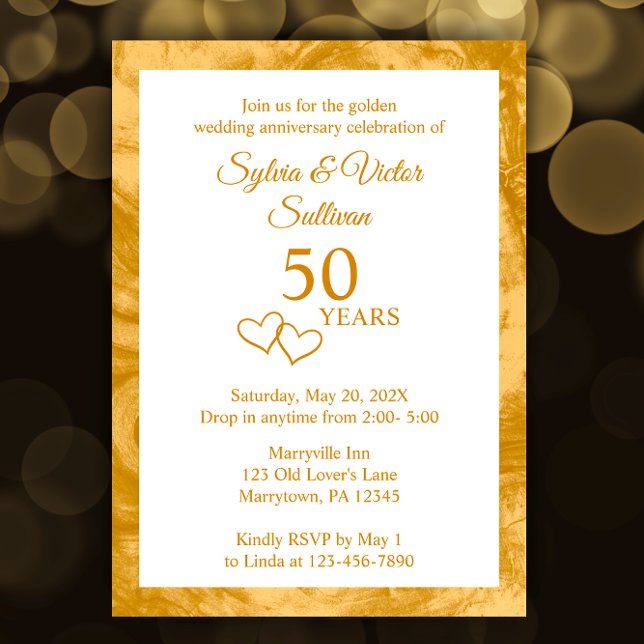 Invitation Fête élégante de 50e anniversaire sur mesure en or (Personalize this elegant invitation template with your golden 50th anniversary party details.
)