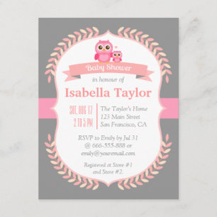 Invitation Fête élégante de bébé fille Chouette