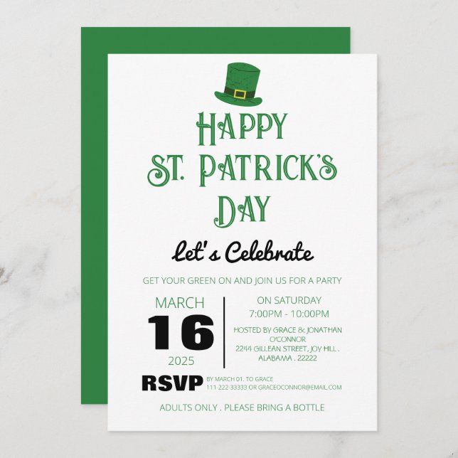 Invitation Fête élégante de la Saint-Patrick au trèfle vert (Devant / Derrière)