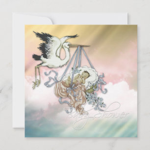 Invitation Fête élégante de naissance de bébé fille cigogne r