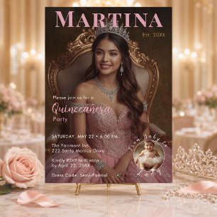 Invitation Fête élégante de Quinceañera en rose poudré avec p