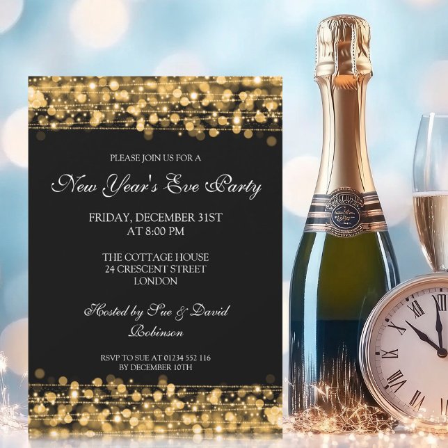 Invitation Fête élégante du Nouvel An Paillettes Or (Elegant New Years Eve Party Sparkles Gold Invitation)