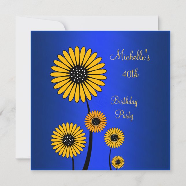 Invitation Fête élégante Fleurs Jaunes Bleu 40e Anniversaire (Devant)